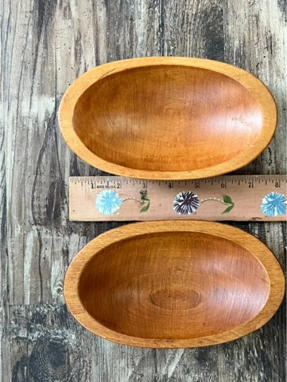 Hand Turned Wooden Bowls Set of 2 Mid Century Style Oval Wood Catchall Dishes